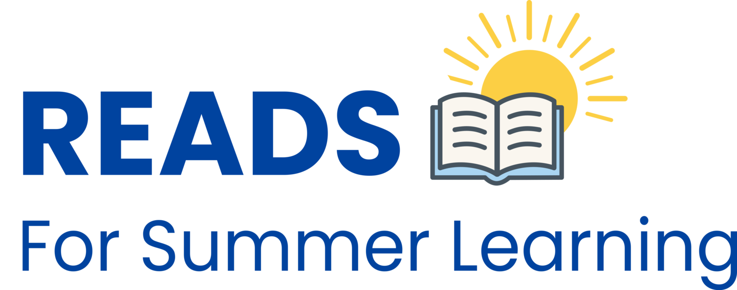 Reads in large blue letters next to an open book icon with a yellow sun behind it, above the text "For Summer Learning."